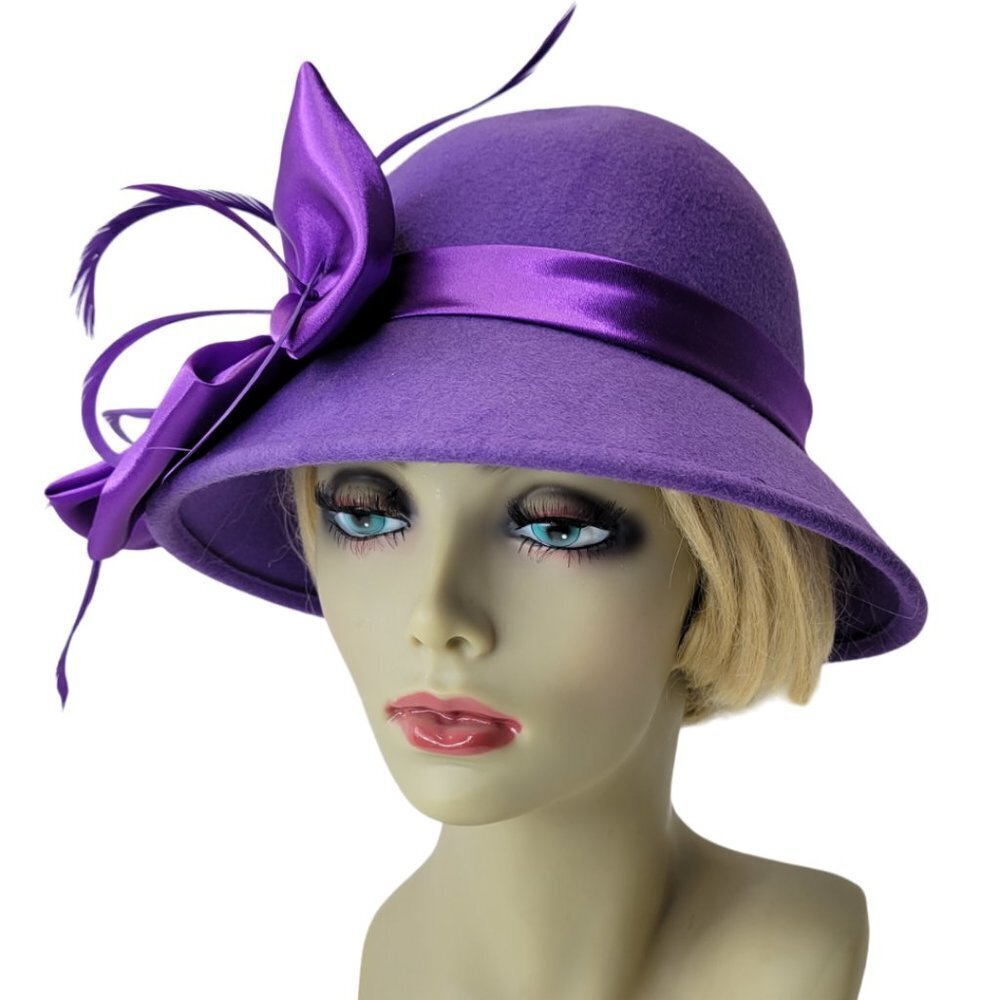 Purple Wool Hat, Purple Satin, Bucket Dress Hat,Church Hat- NEW - Picture 2 of 16